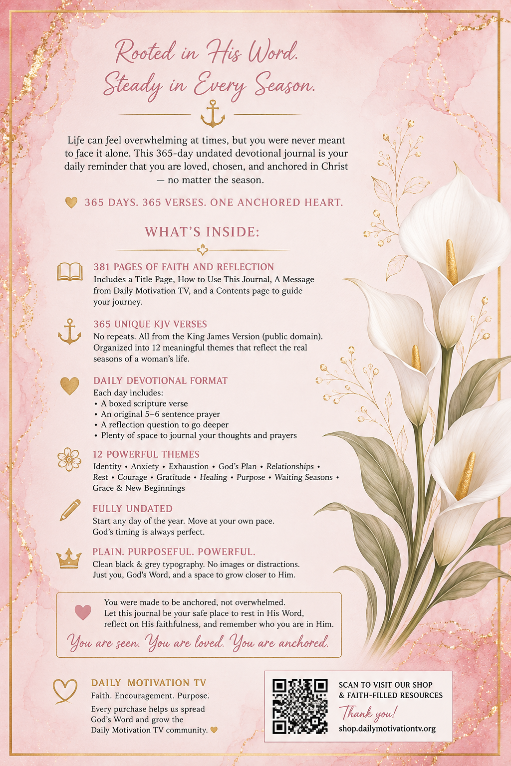 She Is Anchored | 365-Day Devotional Journal for Women – Undated KJV Scripture, Prayer & Reflection Journal | 6×9 Lay-Flat Spiral Bound
