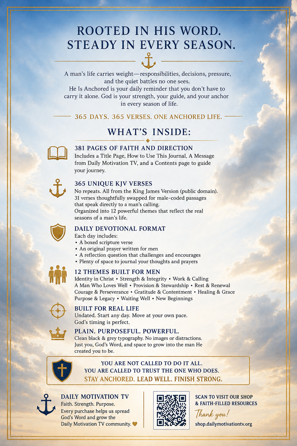 He Is Anchored | 365-Day Devotional Journal for Men – Undated KJV Scripture, Prayer & Reflection Journal | 6×9 Lay-Flat Spiral Bound
