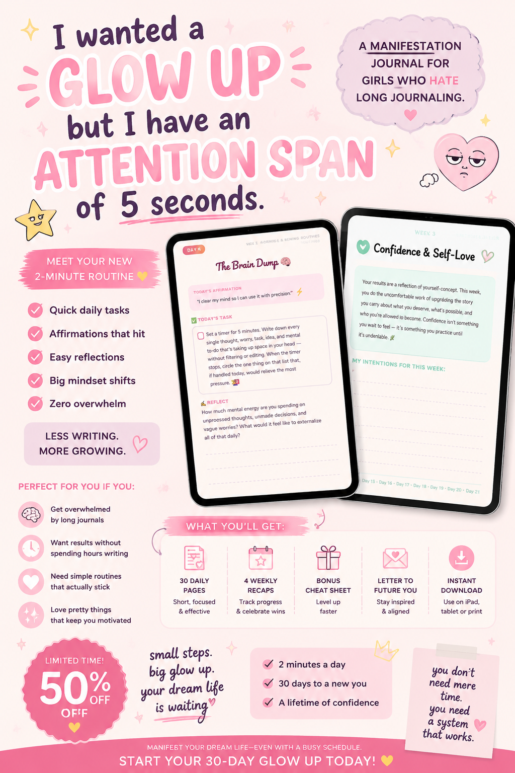 CUTE Glow Up Challenge Journal for Teens and Young Adults - Printable PDF / Digital