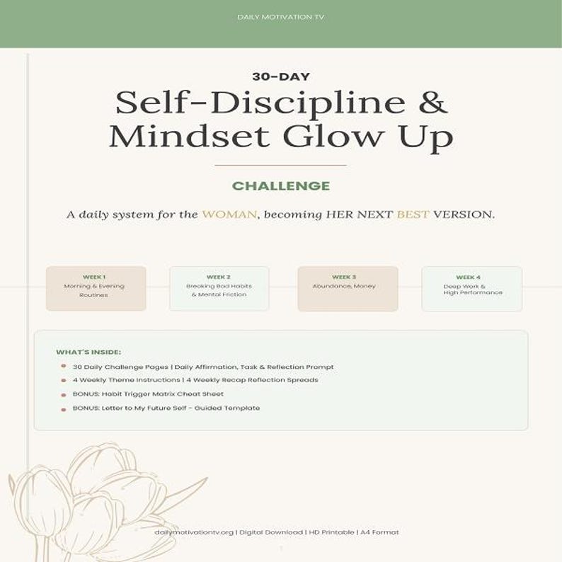 30-Day Self-Discipline and Mindset Glow Up Challenge four weekly themes outline