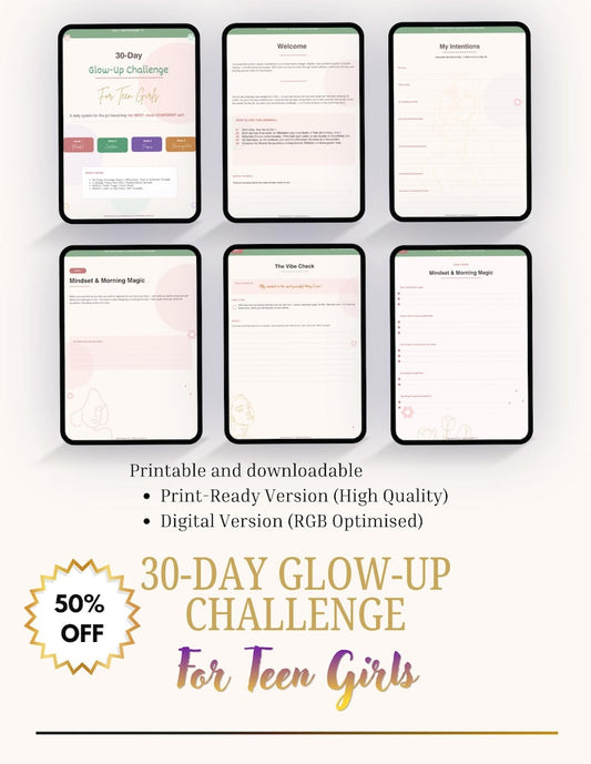 30-day glow-up challenge planner welcome section and daily intentions on tablet screens