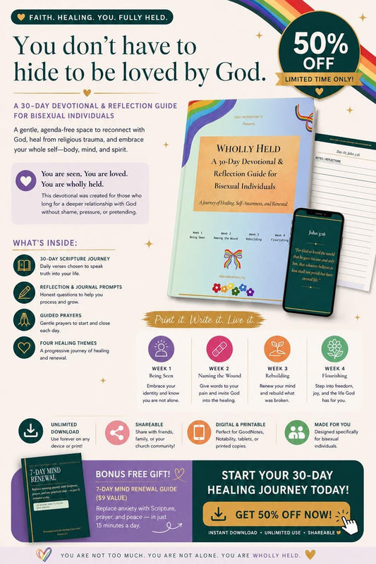 Wholly Held rainbow themed cover with phone displaying scripture and mind renewal guide