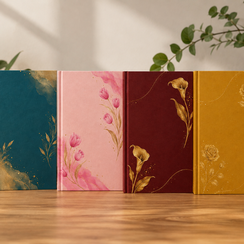 Four hardcover books or journals standing upright on a wooden surface, each with a different floral and abstract cover design in teal, pink, burgundy, and mustard yellow, styled with potted plants in the background.