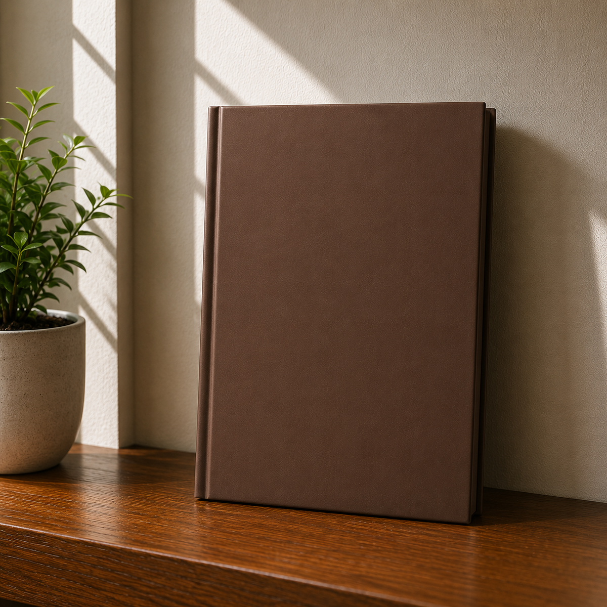 A plain brown hardcover notebook or journal standing upright on a wooden shelf next to a potted plant, with warm sunlight casting shadows on the wall.