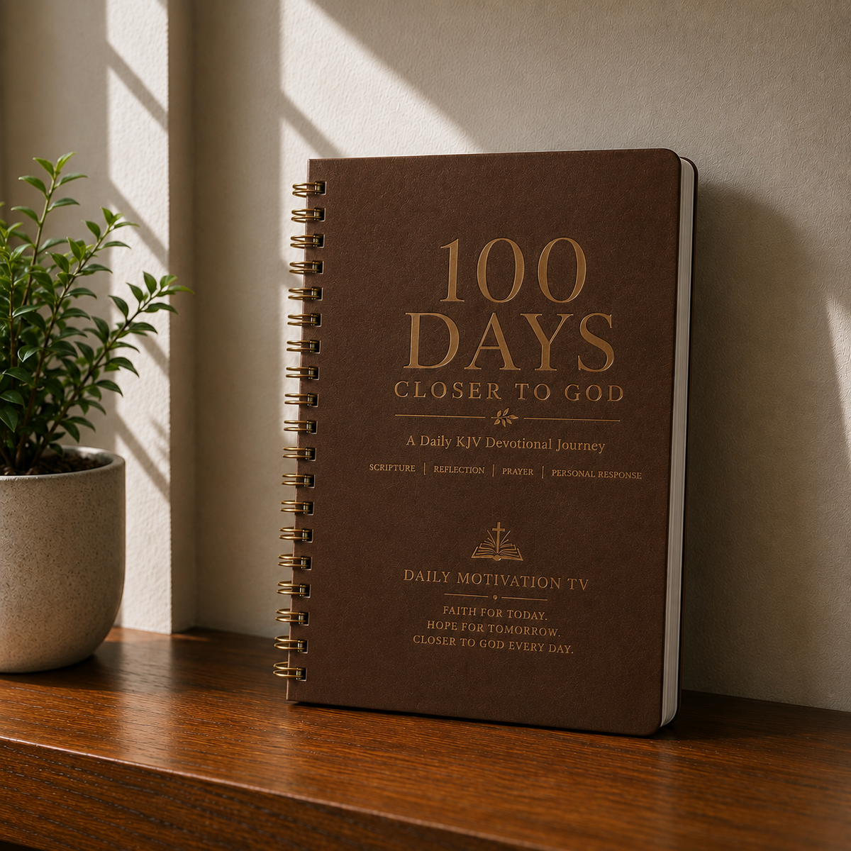 A brown spiral-bound devotional journal titled '100 DAYS CLOSER TO GOD' with gold lettering, standing on a wooden surface beside a small potted plant in warm sunlight.