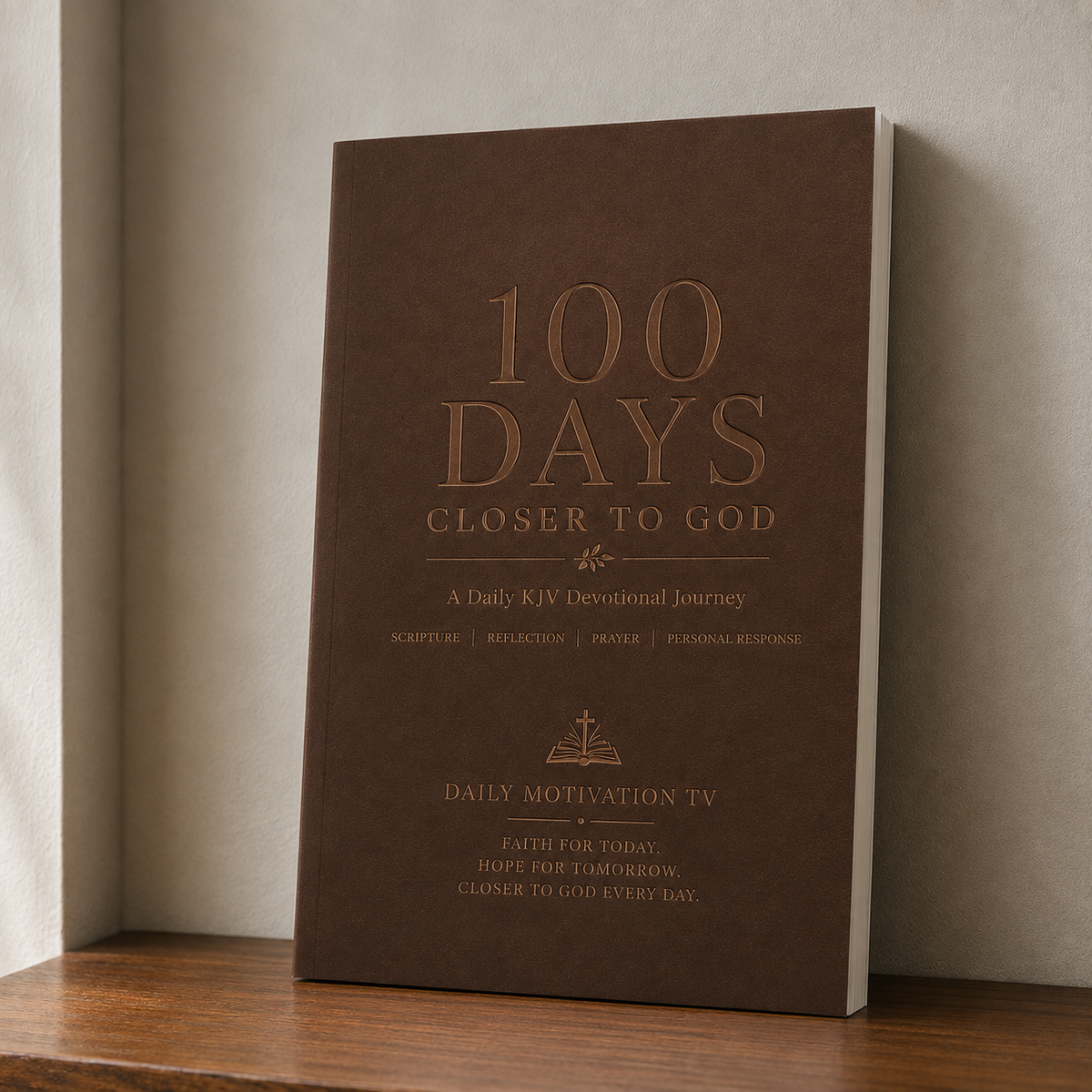 A brown hardcover book titled '100 Days Closer to God' by Daily Motivation TV, standing upright on a wooden surface against a neutral beige wall.