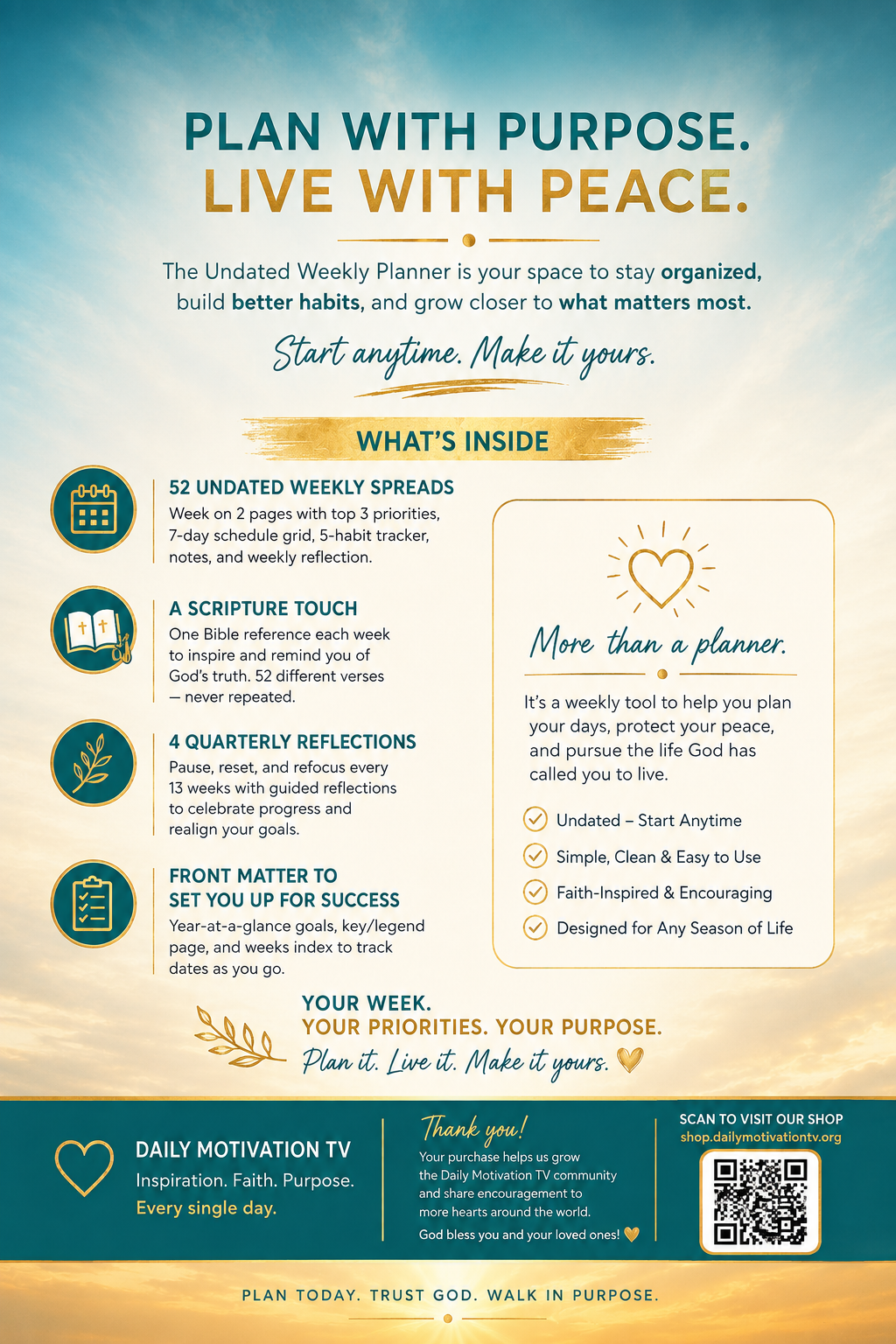 Undated Weekly Planner | 52-Week Christian Planner with Priorities, Habit Tracker & Scripture Inspiration – Full Color, 6×9