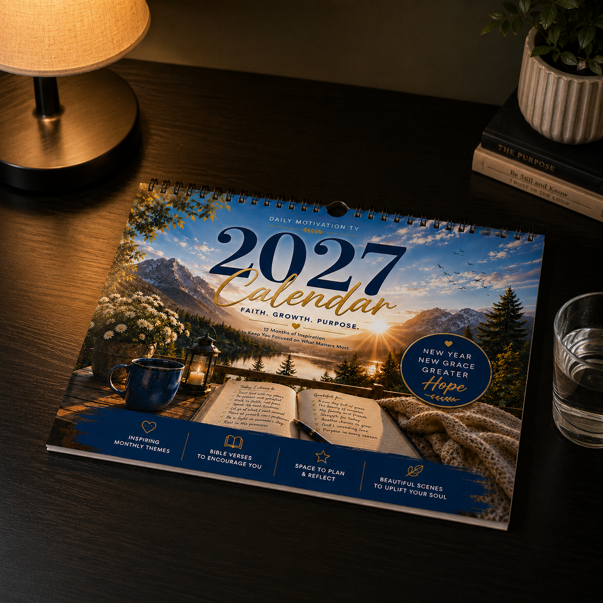 A 2027 spiral-bound wall calendar titled 'Daily Motivation 2027 Calendar' lies on a dark wooden table. The cover features a scenic mountain landscape at sunrise with an open book, mug, and cozy blanket, plus blue banners at the bottom.