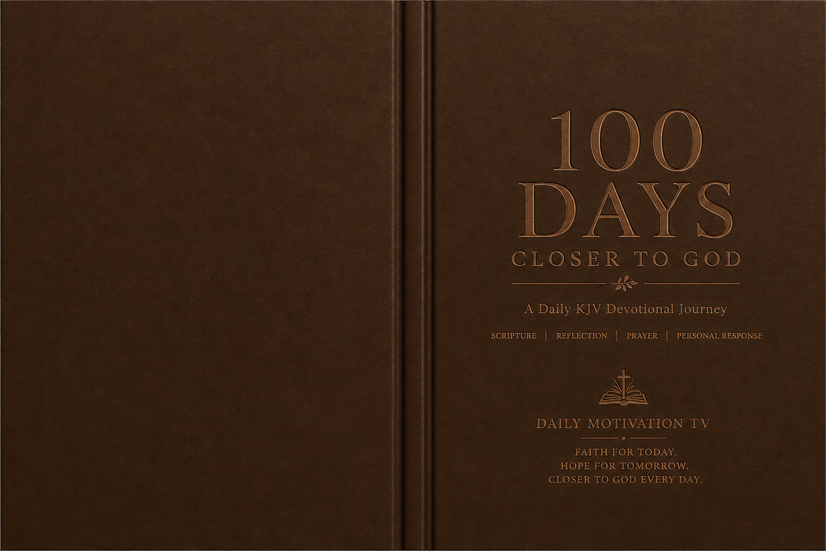 A brown hardcover book shown closed, with the front cover and spine visible. The cover features gold-toned text reading '100 DAYS CLOSER TO GOD' and smaller devotional subtitle text, plus a small cross and book icon near the bottom.