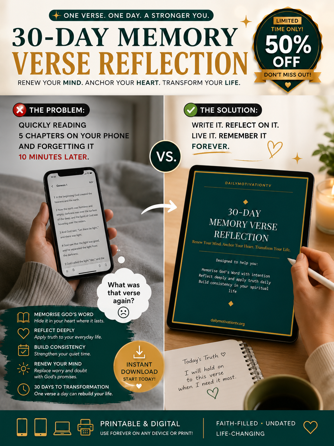 30 Day Memory Verse Scripture Journal — Printable PDF / Digital