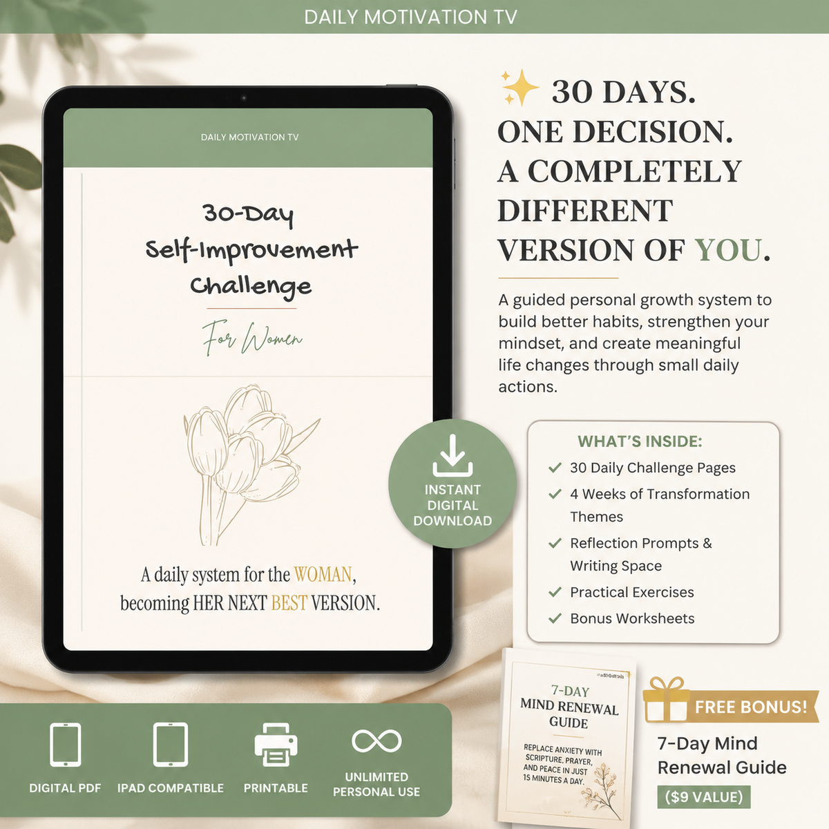 30-Day Self Improvement Challenge for Women — Printable PDF/Digital
