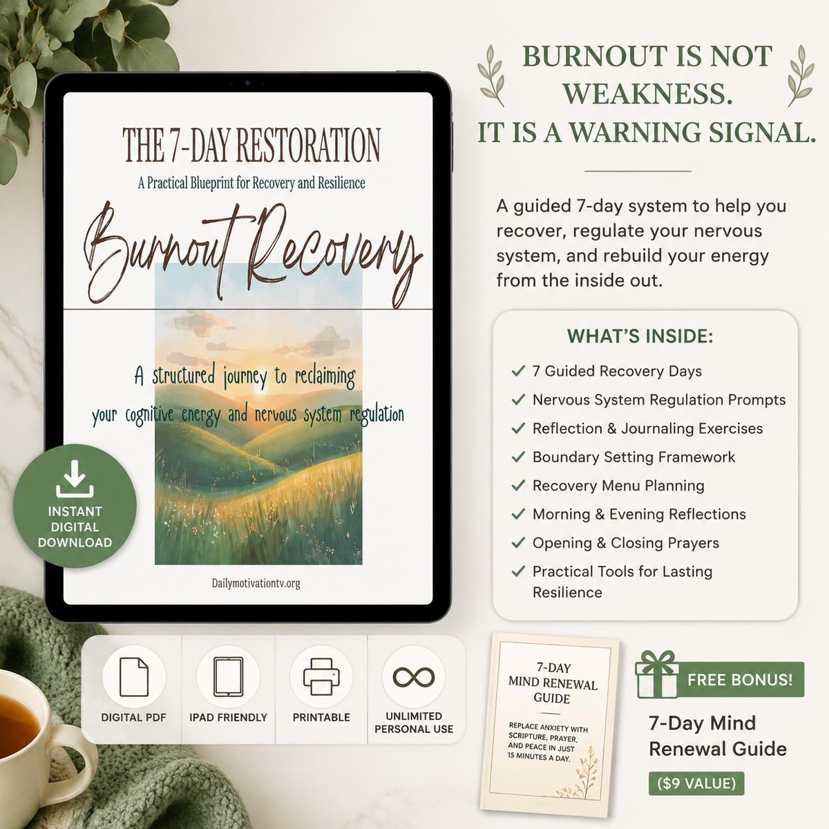 7-Day Burnout Recovery Workbook - Printable PDF / Digital