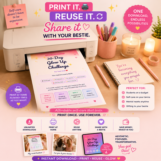 CUTE Glow Up Challenge Journal for Teens and Young Adults - Printable PDF / Digital