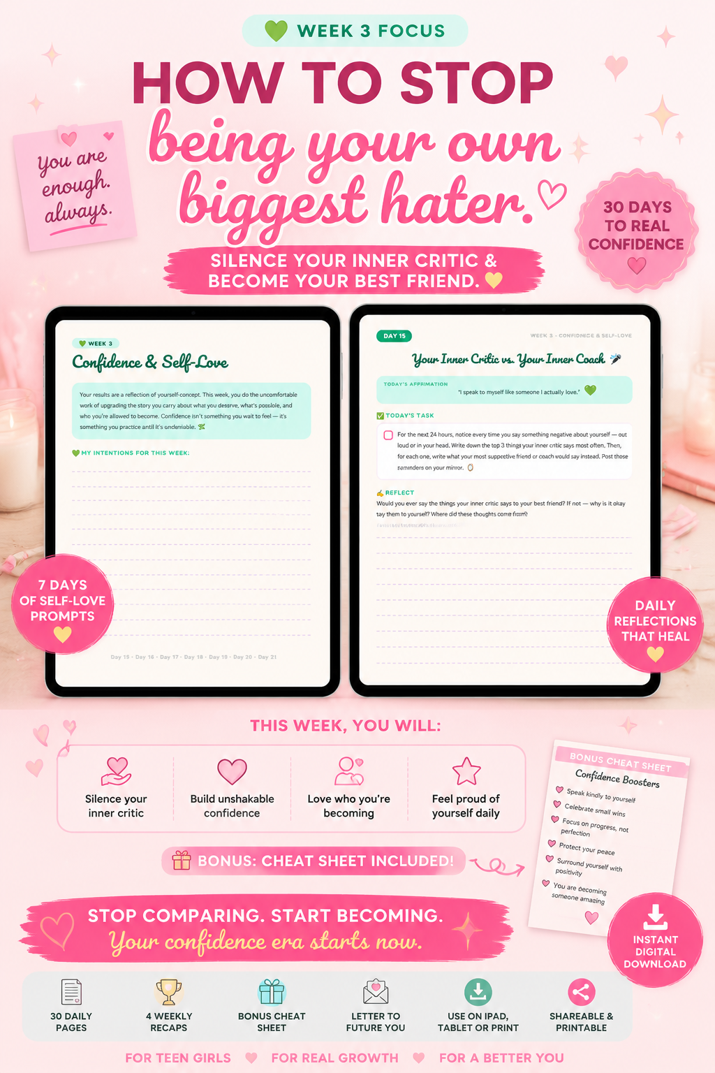 CUTE Glow Up Challenge Journal for Teens and Young Adults - Printable PDF / Digital