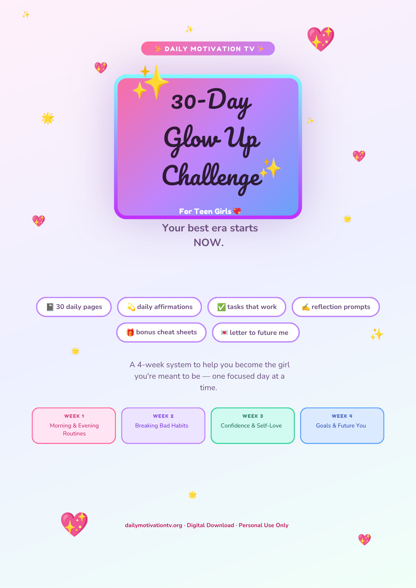 CUTE Glow Up Challenge Journal for Teens and Young Adults - Printable PDF / Digital