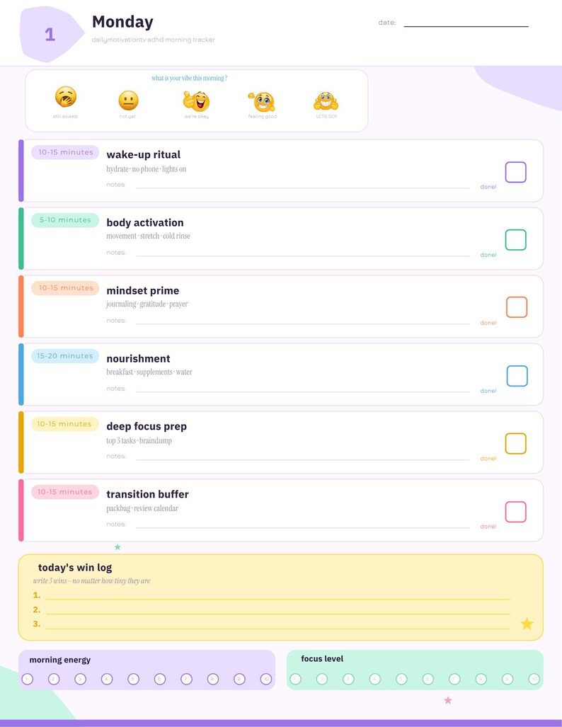 Daily morning tracker planner page with emoji mood scale wake up ritual body activation