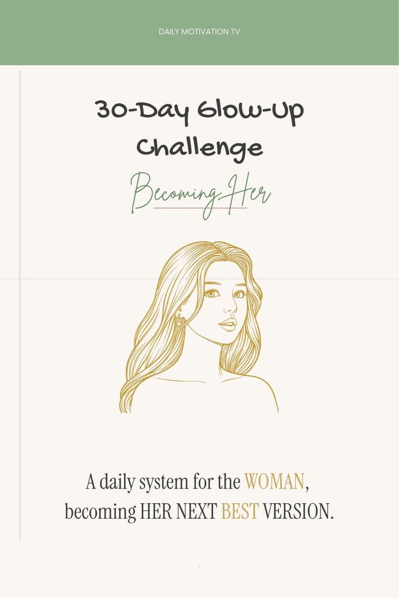 Daily Motivation TV 30-Day Glow-up Challenge Becoming Her gold line art illustration