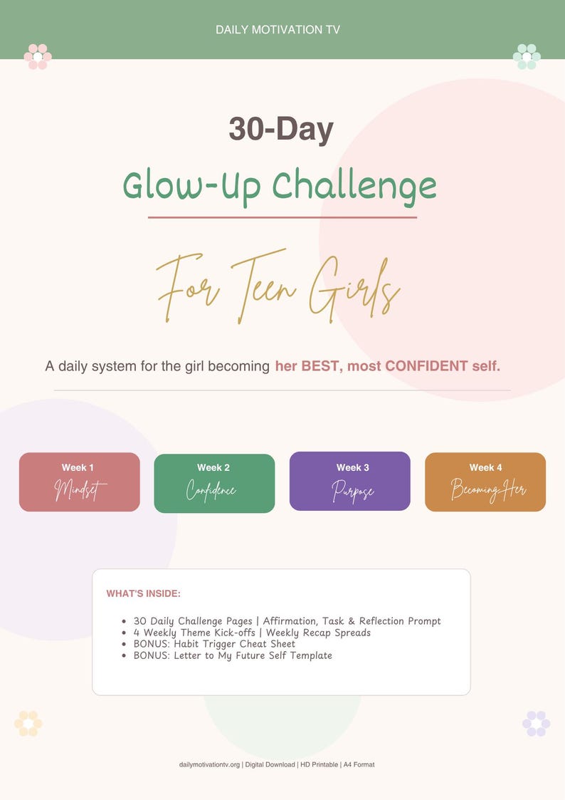 30-Day Glow-Up Challenge four weekly theme boxes mindset confidence purpose becoming her