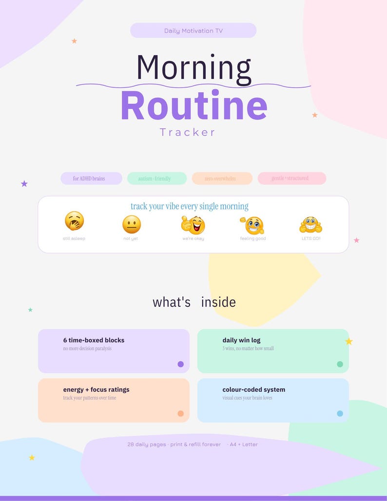 Morning Routine Tracker pastel background six time-boxed blocks daily win log