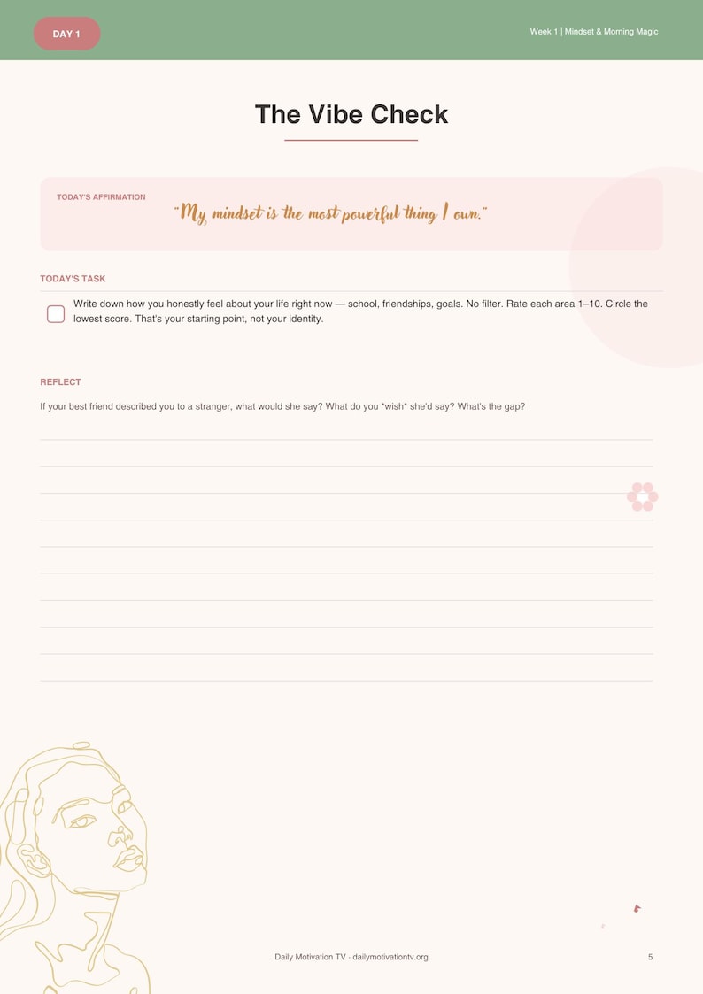 Day 1 Week 1 Mindset and Morning Magic vibe check affirmation page