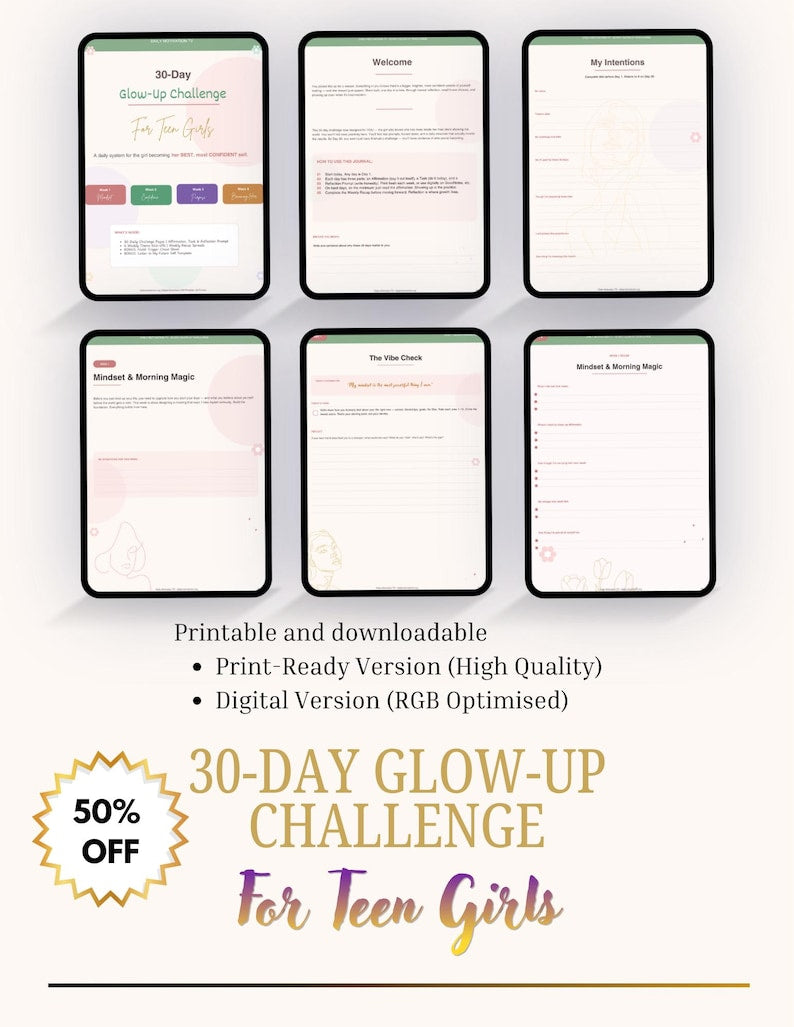 30-day glow-up challenge planner welcome section and daily intentions on tablet screens