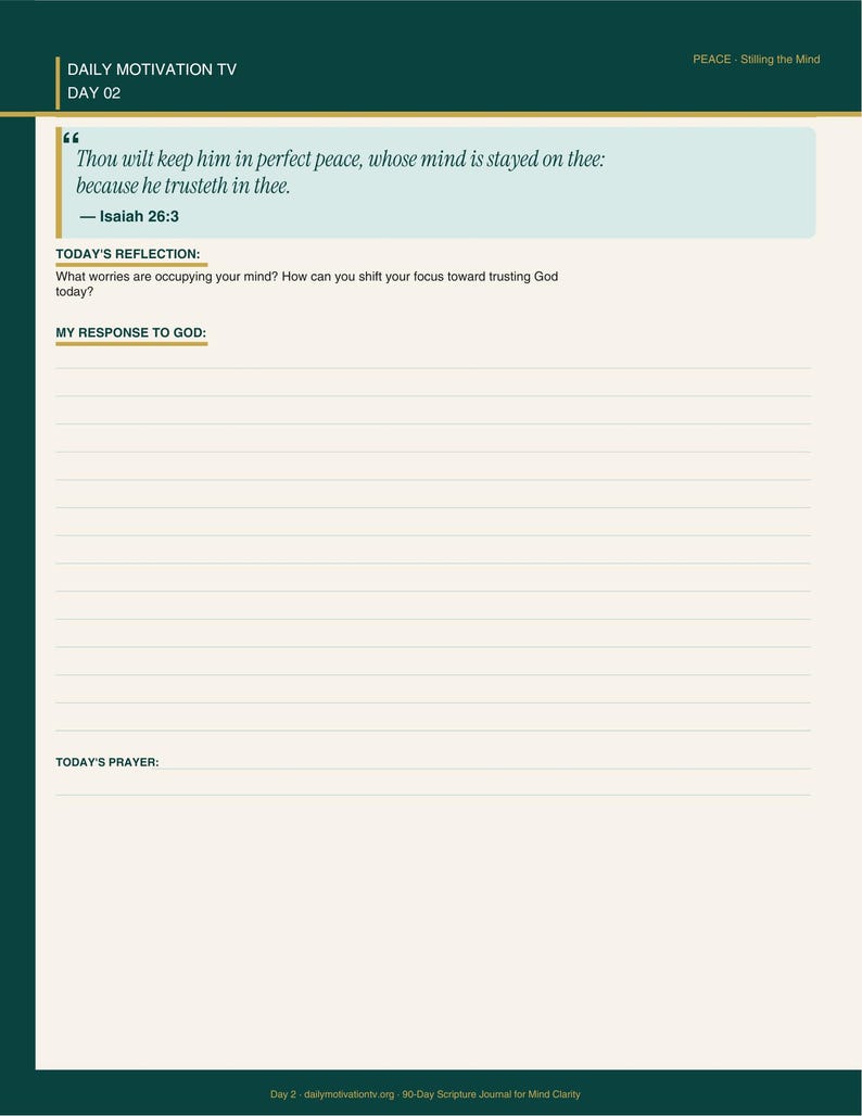 Daily scripture journal Day 02 page with Isaiah 26:3 reflection prompt