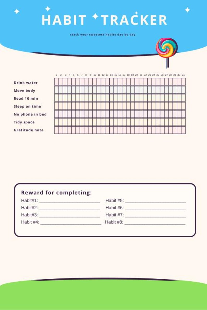 Habit tracker with lollipop graphic and reward section