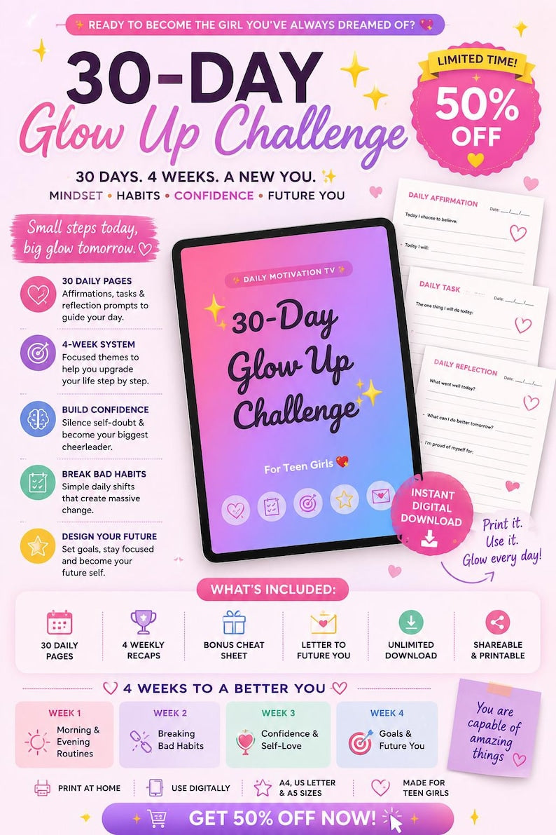 30-Day Glow Up Challenge planner for teen girls with pink and purple gradient cover