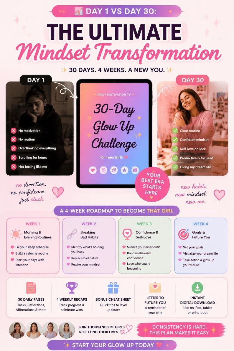 Day 1 vs Day 30 mindset transformation infographic