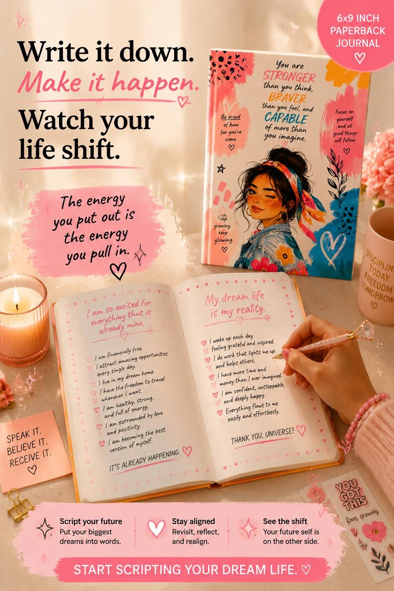 Glow Up Era Journal open pages with affirmations