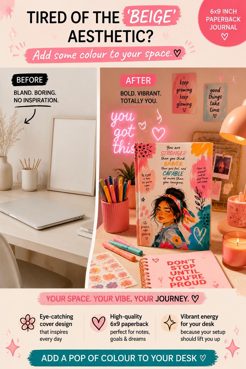 Glow Up Era Journal styled with pens