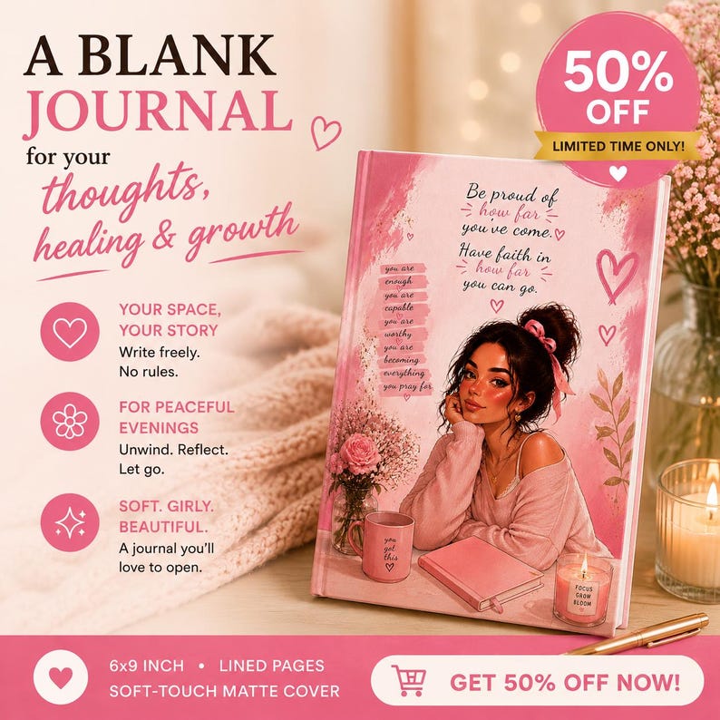 Self Love Journal cozy pink cover with cup and candle illustration