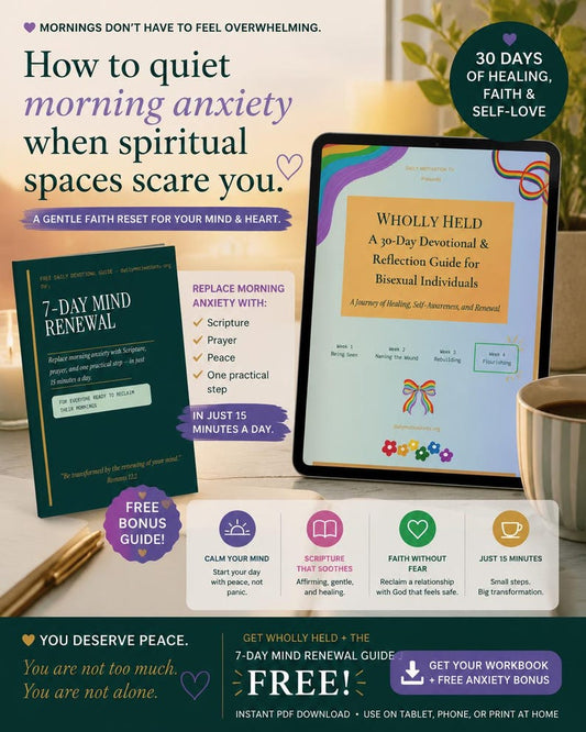 Wholly Held 30-day devotional guide for bisexual individuals displayed on tablet with rainbow graphics