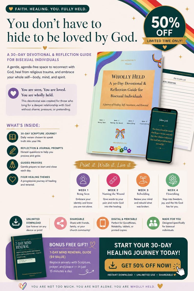 Wholly Held rainbow themed cover with phone displaying scripture and mind renewal guide