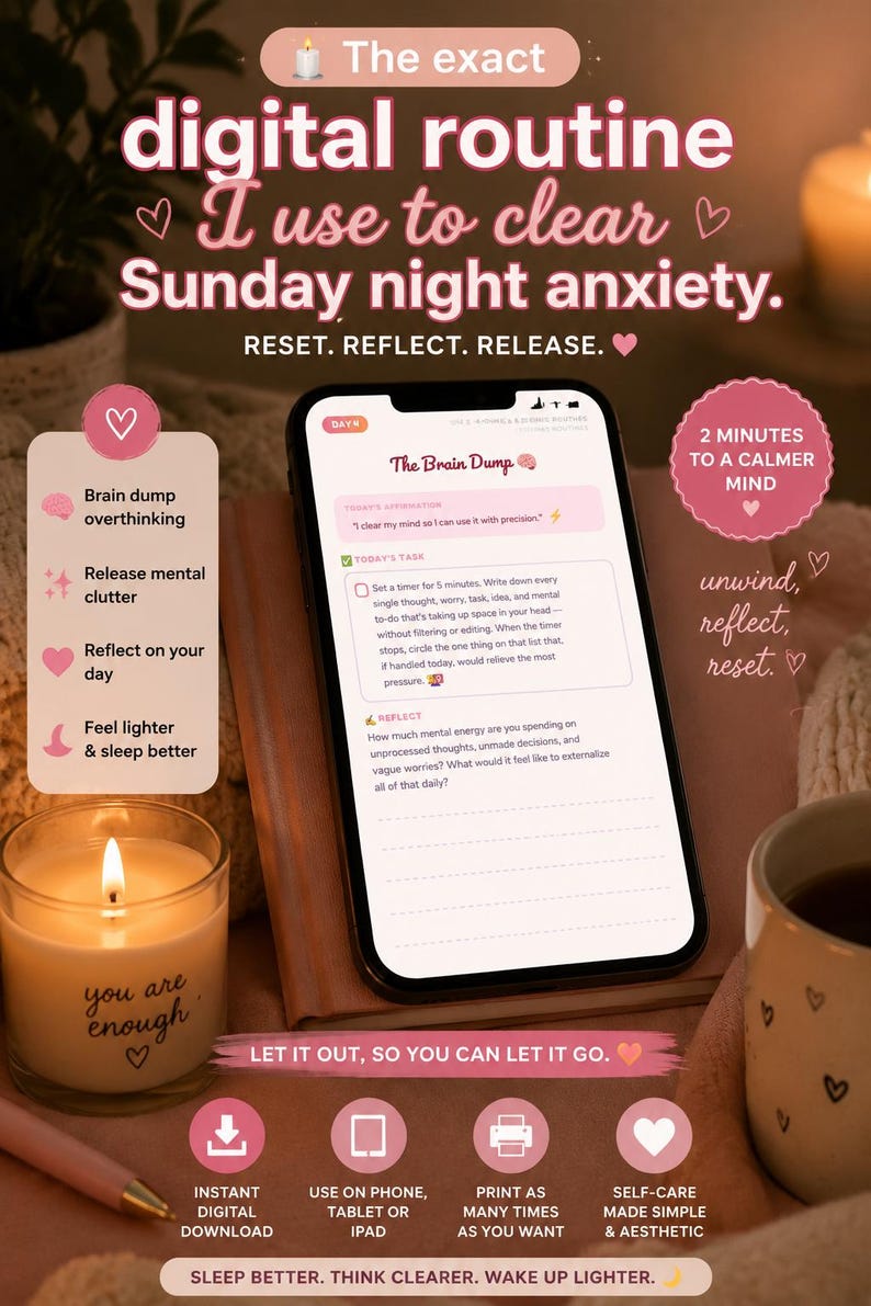 The Brain Dump digital planner page with candle and mug