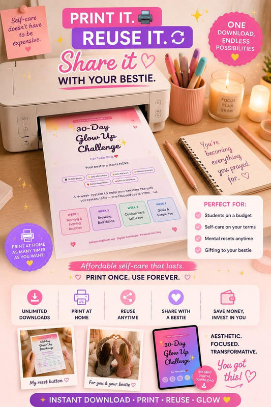 Cute Glow Up Challenge Journal for Teens PDF planner cover