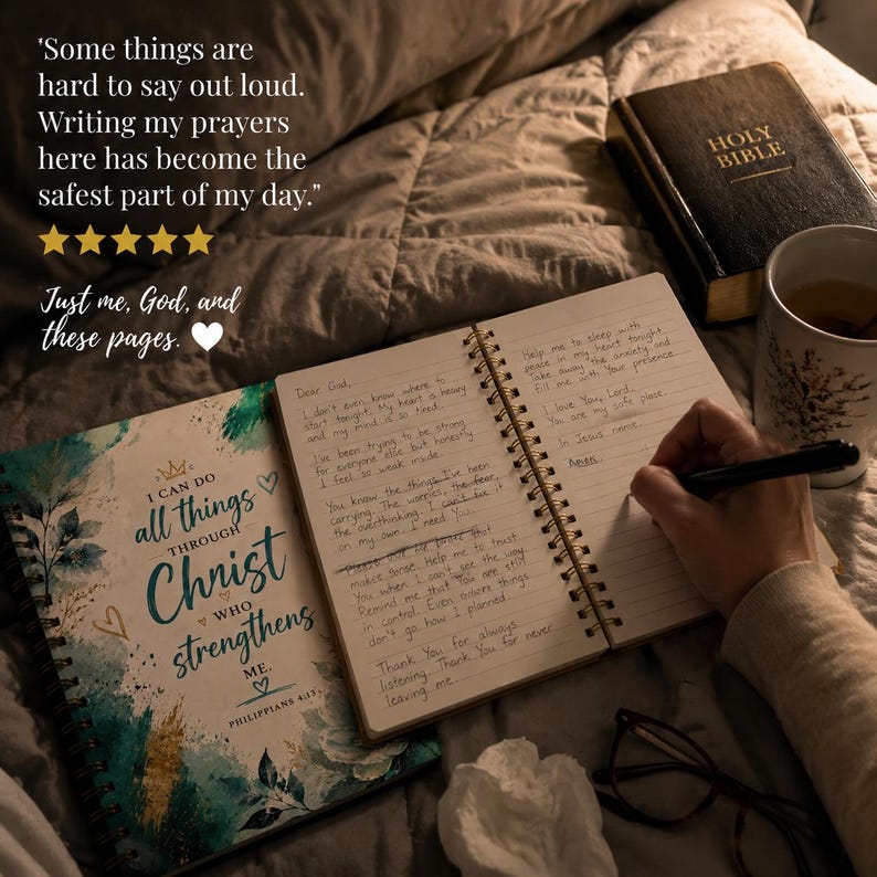 Prayer Journal Philippians 4:13 styled with coffee and Bible